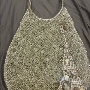 Elegant Silver Beaded Tote Bag